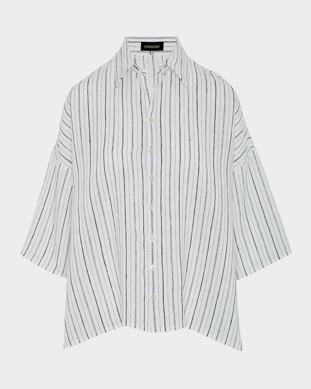 Sloped Shoulder Wide A-Line Short-Sleeve Shirt With Collar (Mid Length)